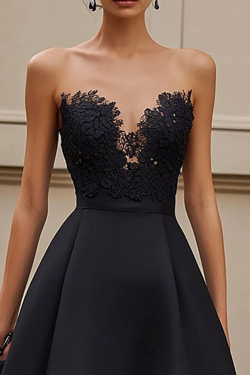 Strapless Satin A Line Black Tie Dress with Appliques